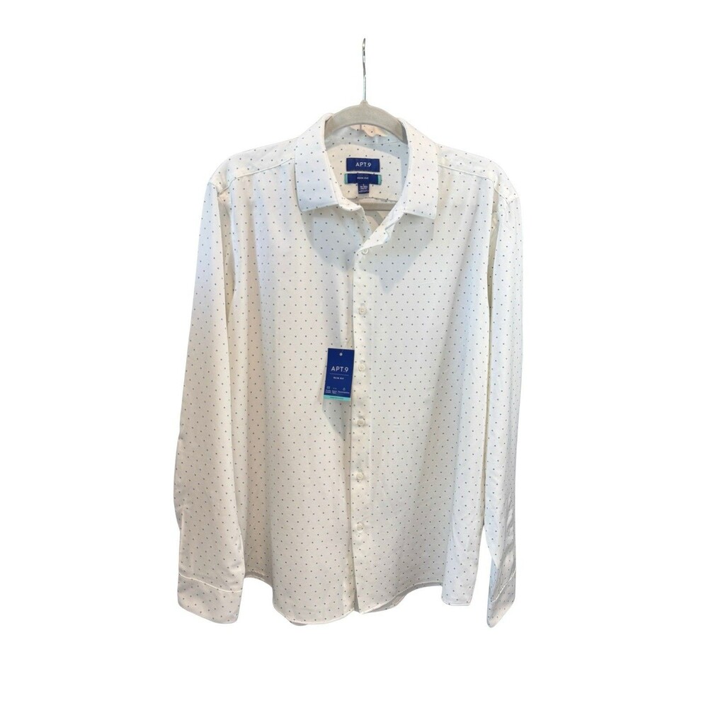 Apt. 9 Shirt White Polka Dot Size L Slim-Fit Wrinkle Resistant Dress Men's New